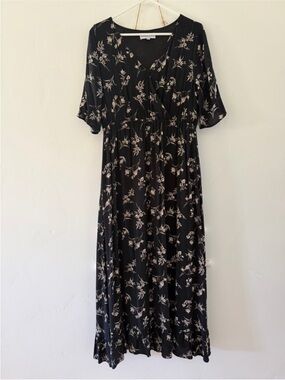 PIPER & SCOOT black floral maxi dress; nursing friendly dress